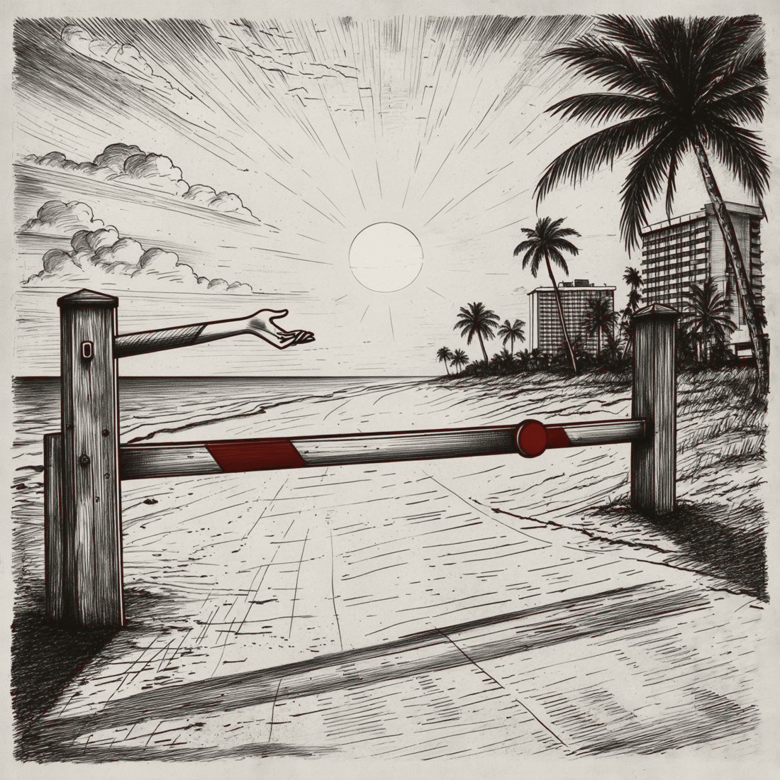 Caseta de cobro sobre una playa, grabado editorial
