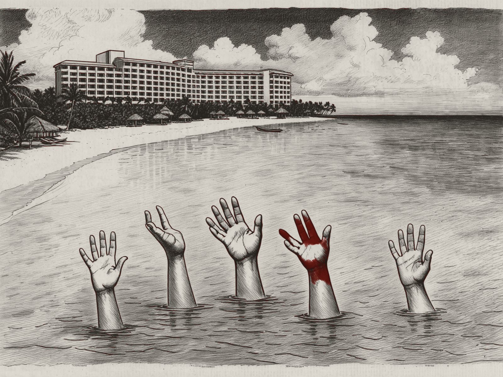 Cinco manos suben del mar hacia la zona hotelera, grabado editorial