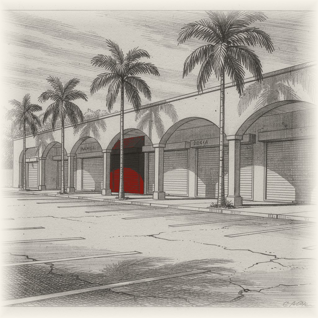 Grabado editorial: arcadas de una plaza comercial tropical